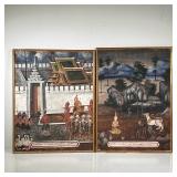 (2PC) PAIR ANTIQUE EAST ASIAN PAINTINGS | Paint on board depicting scene of leader being led into pa
