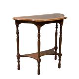 INLAY WOOD SIDE TABLE | Small rounded side table with dark wood inlay on top and small lower shelf a