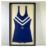 FRAMED ANTIQUE WOMAN’S BATHING SUIT | Navy blue with white stripes antique women’s bathing suit in l
