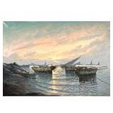 20TH CENTURY HARBORSCAPE PAINTING | “Harbor at dawn” Oil on canvas 24in x 36in Showing rowboats tied