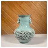 DOUBLE-WALLED JAPANESE VASE | Light blue glazed vase with squirrel handles, small painted doves, and