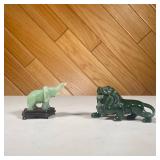 (2PC) PAIR SMALL JADE FIGURINES | Small lion carved spinach jade figurine and smaller elephant figur