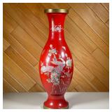 KOREAN APPLIQUÉ ENAMEL METAL VASE | Of large size; red enameling with mother of pearl applied decora