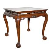 DREXEL HERITAGE CHINESE STYLE SQUARE SIDE TABLE | Square figured wood top, sculpted fretwork apron, 