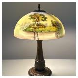 HANDEL STYLE PAINTED GLASS LAMP | Painted glass lamp depicting beautiful nature scene atop painted b