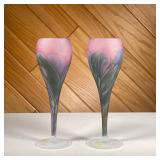 (2PC) ART GLASS CHAMPAGNE FLUTES | Colorful blown frosted glass flutes, no apparent signature. - h. 
