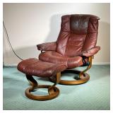 EKORNES LEATHER RECLINER | Brown leather recliner by ekornes in Norway. - l. 36 x w. 32 x h. 38 in 