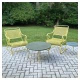 (4PC) PATIO SIDE TABLE AND CHAIRS | Includes: 2 yellow aluminum patio chairs - one being a rocker, s