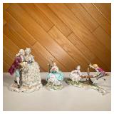 (3PC) COLONIAL LACE FIGURINES | Showing man courting woman in floral ball gown, a woman reading besi