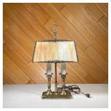SLAG GLASS LAMP | Rectangular slap glass lamp with 2 candlestick lights and floral border around lam