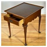 INLAY OAK SIDE TABLE | Inlay oak top side table with raised lip above single drawer with brass pulls
