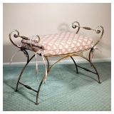 WROUGHT IRON WINDOW BENCH | With pink rhombus cushion and brass handles. - l. 32 x w. 16 x h. 22.5 i
