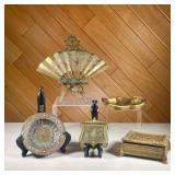 (5PC) MISC. BRASS LOT | Includes; engraved brass fan, small floral easel, shield-shaped brass contai