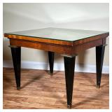 GLASS TOP LOW SIDE TABLE | Square low-side table with glass top and brass accents around the tops an