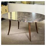CUSTOM MID-CENTURY DINING TABLE | Glossy dining table; custom-built stone top with spindle legs in s