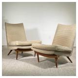 (2PC) MID-CENTURY LOUNGE CHAIRS | Two large, comfortable cream lounge chairs with spindle legs and w