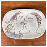 CLAIRE LAMBERT DOUR CLAY TRAY | Terra cotta clay tray glazed in white, decorated with a cubist-inspi