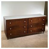 MID CENTURY DOUBLE DRESSER | Sleek dark-wood dresser, with two banks of three drawers, six drawers t