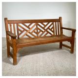 MID-CENTURY WOODEN BENCH | Beautifully made slatted wooden park bench with a wide armrest and a geom