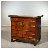 CHINESE DIMINUTIVE CABINET | Small, ornate wooden cabinet with three pull-out drawers over two cabin