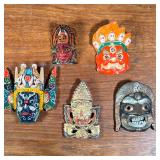 (5PC) SMALL COLORFUL MASKS LOT | Includes four hand carved wooden masks and one Mongolian ceramic ma