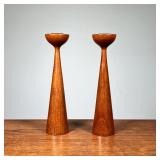 (2PC) PAIR OF WOODEN SPINDLE CANDLESTICKS | Wooden spindle candlesticks, stamped "Made in Denmark." 