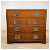 BAKER FURNITURE CHEST | Sleek, dark wood dresser with five drawers and nickel pulls in a Chinese sty