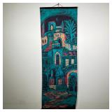 BATIK CITYSCAPE PAINTING | Batik hanging scroll in deep blue, red, and yellow dyes, depicting a seri