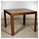 SQUARE WOODEN CARD TABLE | Wooden card table with blind fretwork on sides and legs and parquetry top