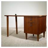 MID CENTURY WRITING DESK | Slender mid-century wooden writing desk with two drawers on the right-han