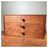 TABLETOP BOX | Small wooden tabletop box. Features three drawers with spindle wood handles with a be