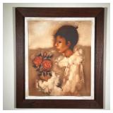 CHILD WITH ROSES PAINTING | Showing a child in white clothing holding red roses. 20 x 24 (stretcher)