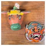 (2PC) PAIR OF FULL COLOR WOOD CARVED MASKS | Two handmade masks, including full-color dragon mask wi