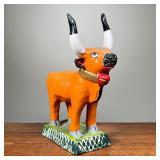 HAND PAINTED CERAMIC BULL | Hand made and hand painted ceramic bull statue, initialed “JC” on bottom