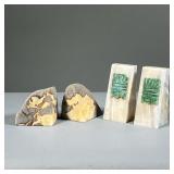 (4PC) 2 PAIR STONE BOOKENDS | Set of two triangular carved stone bookends with green carved stone re