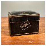 PLAYING CARDS CASE | Black case with gilt border and gilt images of playing cards. Includes two full