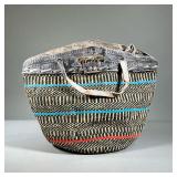 HAND WOVEN TOTE BAG | Colorful handmade tote bag with leather handles and straps. - l. 18.5 x w. 7 x