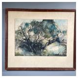 NEWBAUER WATERCOLOR | Watercolor on paper depicting a cool-toned tree scene, signed "Newbauer" lower