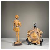 (2PC) CARVED WOOD DECOR | Including a carved wood sculpture of a Don Quixote style figure (h. 13 in.