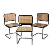 (3PC) MARCEL BREUER CHROME AND CANE CHAIRS | Black wood edges - l. 19 x w. 18 x h. 33 in