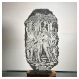 MURANO ETCHED GLASS PLAQUE | Signed “Murano / 1975 / Klein” On a wooden base - l. 5 x w. 7 x h. 16.5