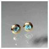 PAIR ROUND AQUAMARINE & 14K GOLD EARRINGS | having central round mixed cut aquamarines (5.5mm dia. a