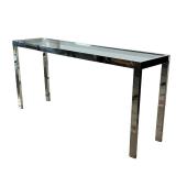 MILO BOUGHMAN STYLE CONSOLE TABLE | Chrome and glass; no apparent markings - l. 60 x w. 15 x h. 28 i