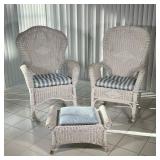 (3PC) PAIR OF WICKER ROCKING CHAIRS AND OTTOMAN | Ottoman 25x16x14 - l. 35 x w. 29 x h. 45 in (lengt