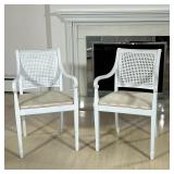 (2PC) PAIR WHITE WOOD AND WICKER CHAIRS | l. 18 x w. 21 x h. 35 in