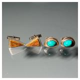 (4PC) TWO PAIRS RETRO CUFFLINKS | Including a pair with teak triangles, and a pair with green caboch