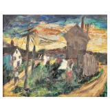 HARRY SHOULBERG (1903-1995) | sunset view. Oil on canvas. Showing a woman hanging clothes among hous