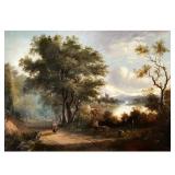 BRITISH SCHOOL (20TH CENTURY) | A walk in the park. Oil on canvas. 18 in. x 26 in. Riverside scene w