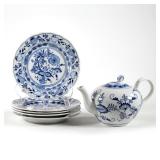 (6pc) MEISSEN BLUE ONION PORCELAIN | Including a blue onion teapot with flower finial marked. "Meiss