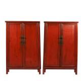 (2pc) PAIR CHINESE RED LACQUER CABINETS | double cabinet doors, tapering form, brass hardware - l. 4